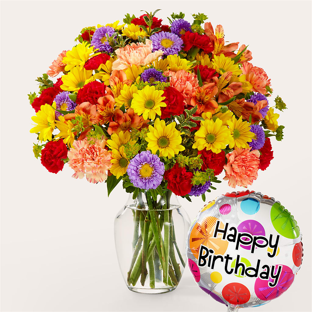 Kaleidoscope Bouquet with Birthday Balloon – Gunnels Florist Inc, Cookeville TN
