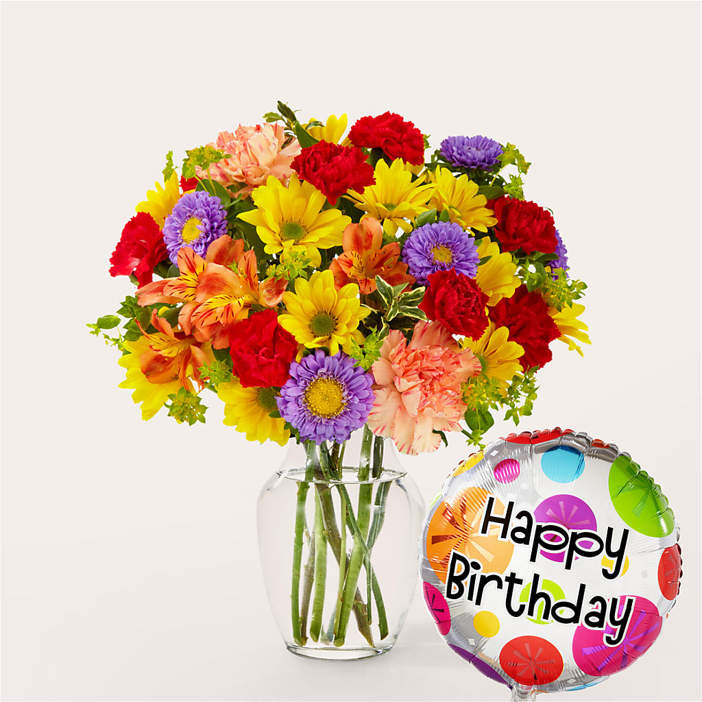 Kaleidoscope Bouquet with Birthday Balloon – Gunnels Florist Inc, Cookeville TN