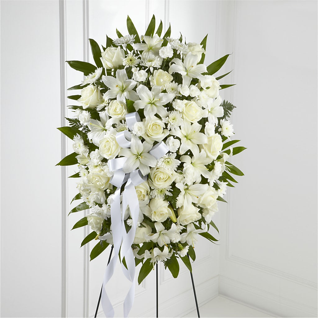 Exquisite Tribute Standing Spray-White Ribbon – Gunnels Florist Inc, Cookeville TN