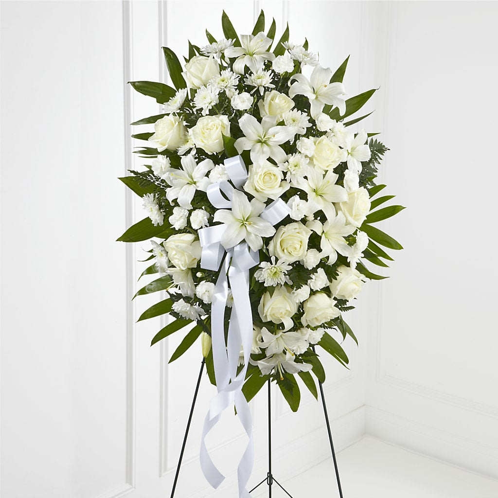 Exquisite Tribute Standing Spray-White Ribbon – Gunnels Florist Inc, Cookeville TN